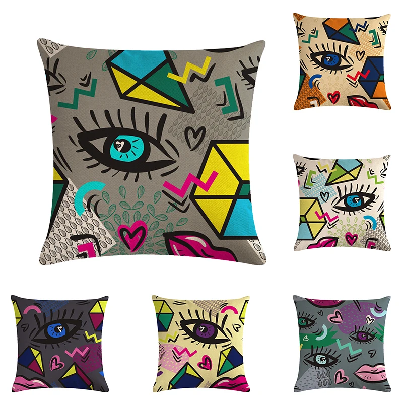 Eye Beige Cushion Cover Lips Pillow Case 45X45cm Watercolor Painting Thin Linen Cotton Bedroom Sofa DecorationCover | Дом и сад