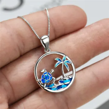 

Cute Turtle and Palm Tree Pendant Necklaces For Women Vintage Fashion Blue Fire Opal Necklace Female Summer Beach Jewelry Gifts