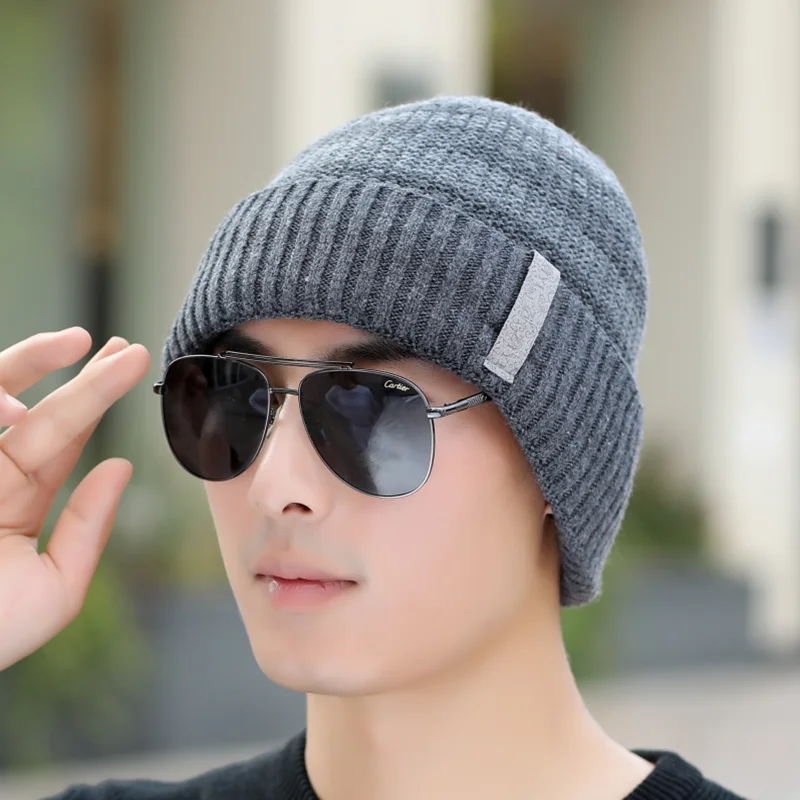 Мужские зимние теплые вязаные шапки бини Skullies повседневные Элегантные Gorras шерсть хлопок лыжные теплые защищающие уши шапочки - Цвет: grey