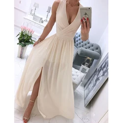 Simple White Strapless Halter Evening Dresses High Slit Sleeveless Dress Pleat White Chiffon Prom Gowns  Vestido De Noiva 2022