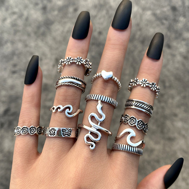 Gothic Heart Ring Set for Women Flame Pentagram Vintage Spades Ace Silver Plated Retro Charm Billiards Finger Jewelry