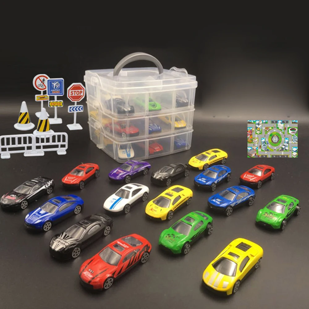 18 Pcs set Kids Mini Parking Lot Car Toy with Sub format Portable Storage Box Multi 4