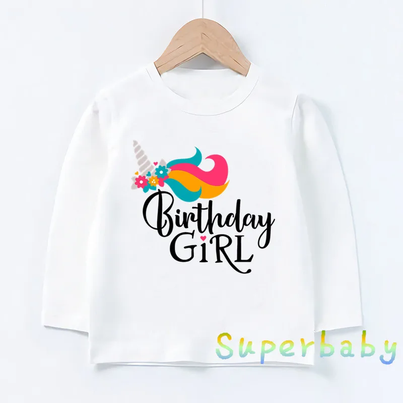 Детская футболка с принтом в виде единорога, с надписью «Happy Birthday», с цифрой 1 до 9 Забавные топы с рисунками для маленьких девочек, детская футболка с длинными рукавами LKP2431