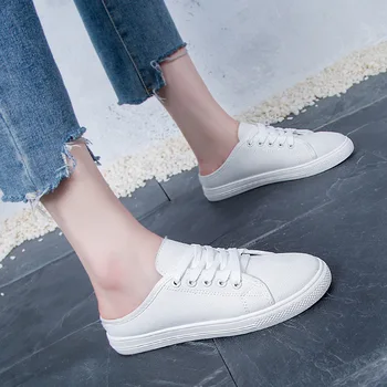 

F Slipper Women'S Shoes Canvas No Heel Loafers Spring Summer Casual 2020 Slide Female Lady Canvas Lace Up Skateboard White Black