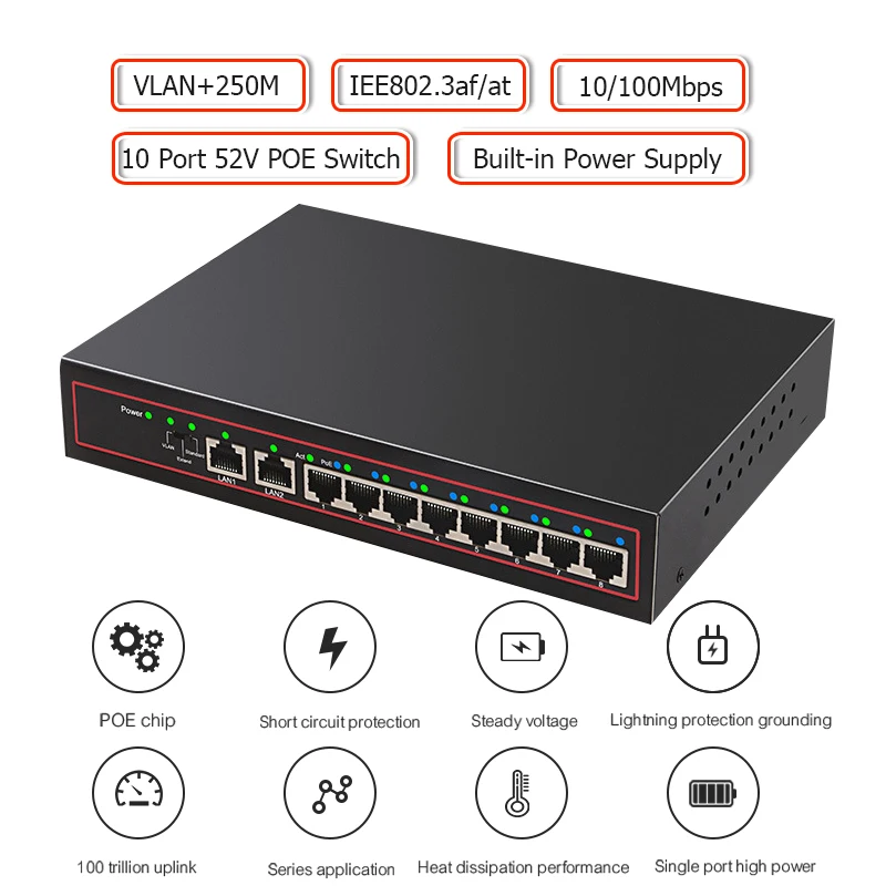 10Port POE Ethernet Switch 48V VLAN 10/100Mbps IEEE 802.3 af/at Network Switch for CCTV IP Camera Wireless AP 250M Shipping