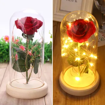 

Flashing Glowing Decorating Forever Rose Flower Rose Glass Cover Preserved Fresh Flower Floral Decor Valentine'S Day Festival