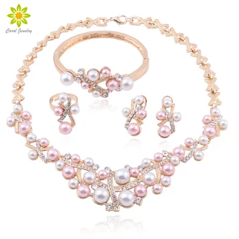 

Fashion Dubai Jewelry Sets Crystal Necklace Earrings Ring Bracelet Imitation Pearl Jewelry Set Charm Bridal Jewelry Gift