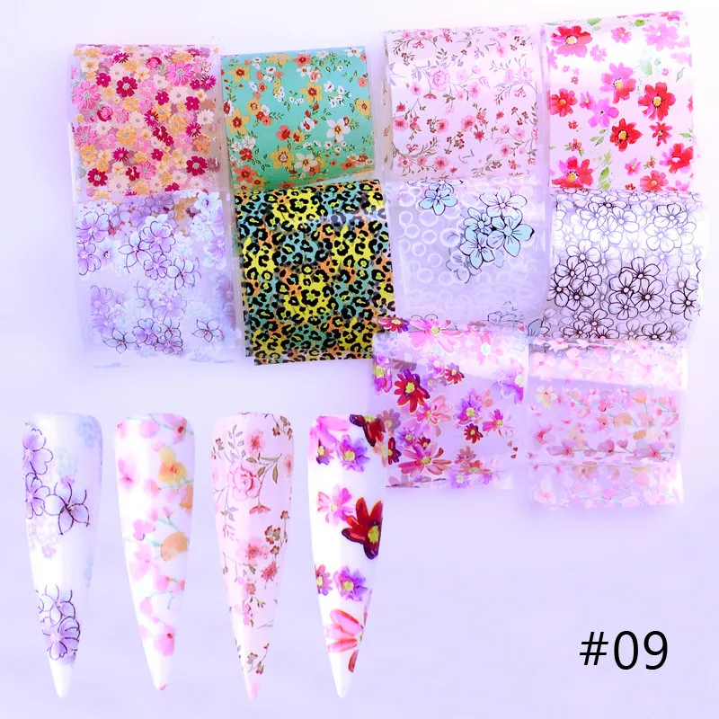 10 шт переводные наклейки из фольги для дизайна ногтей, бумага в стиле ретро, цветные наклейки в виде цветов, клейкая пленка, слайдер, лента для украшения ногтей - Цвет: 09