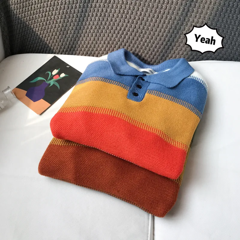 Winter Sweater Men's Warm Fashion Contrast Color Casual Knit Striped Lapel Pullover Man Wild Loose Long-sleeved Sweater Men Winter Sweater Men's Warm Fashion Contrast Color Casual Knit Striped Lapel Pullover Man Wild Loose Long-sleeved Sweater Men
