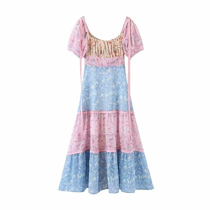 Boho loveshack/летнее платье с квадратным вырезом и оборками, тонкое шелковое платье с высокой талией, праздничное платье для блогеров в стиле пэчворк