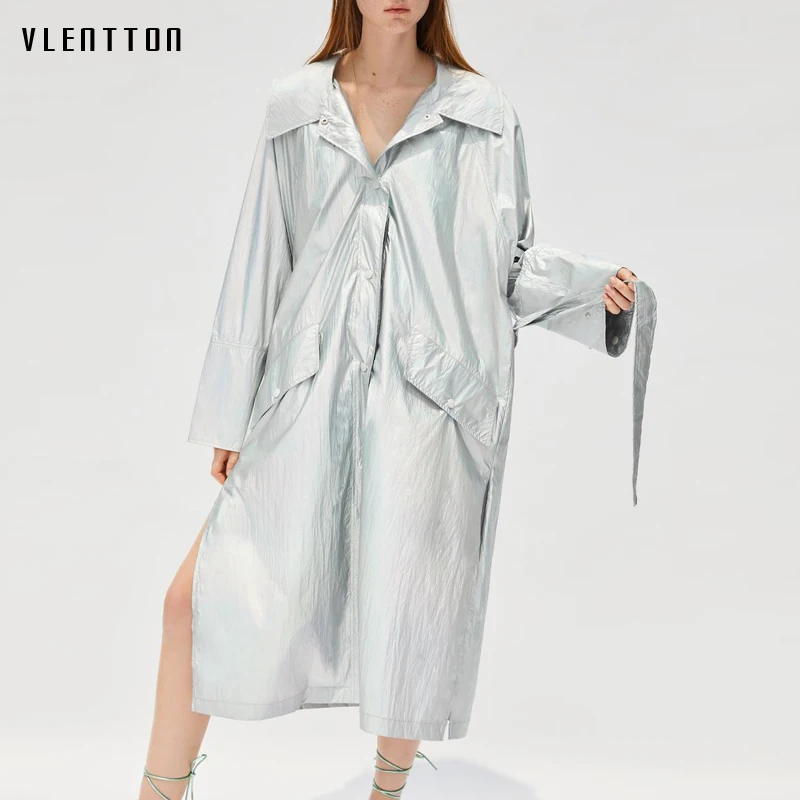

Fashion 2019 Autumn Sexy Split Metal Silver Female Trench Coat Solid Sashes Coats Tops Casual Long Windbreaker Women Outwear