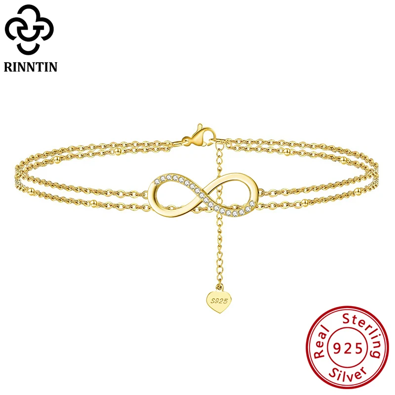 Rinntin 925 Sterling Silver Unique Layered Infinity&Satellite Anklets for Women 14K Gold Foot Bracelet Ankle Straps Jewelry SA16 anklet bracelets,silver anklets,ankle chain