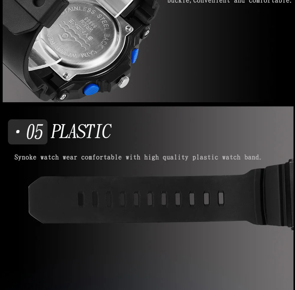 Цифровые часы SYNOKE, многофункциональные водонепроницаемые часы, светодиодный, цифровые часы двойного действия