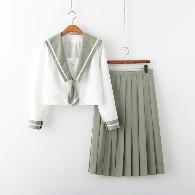 

Japanese Uniforms Black Cute Sailor Tops Pleated Skirt Full Sets Cosplay JK Costume Whte Green Embroidery