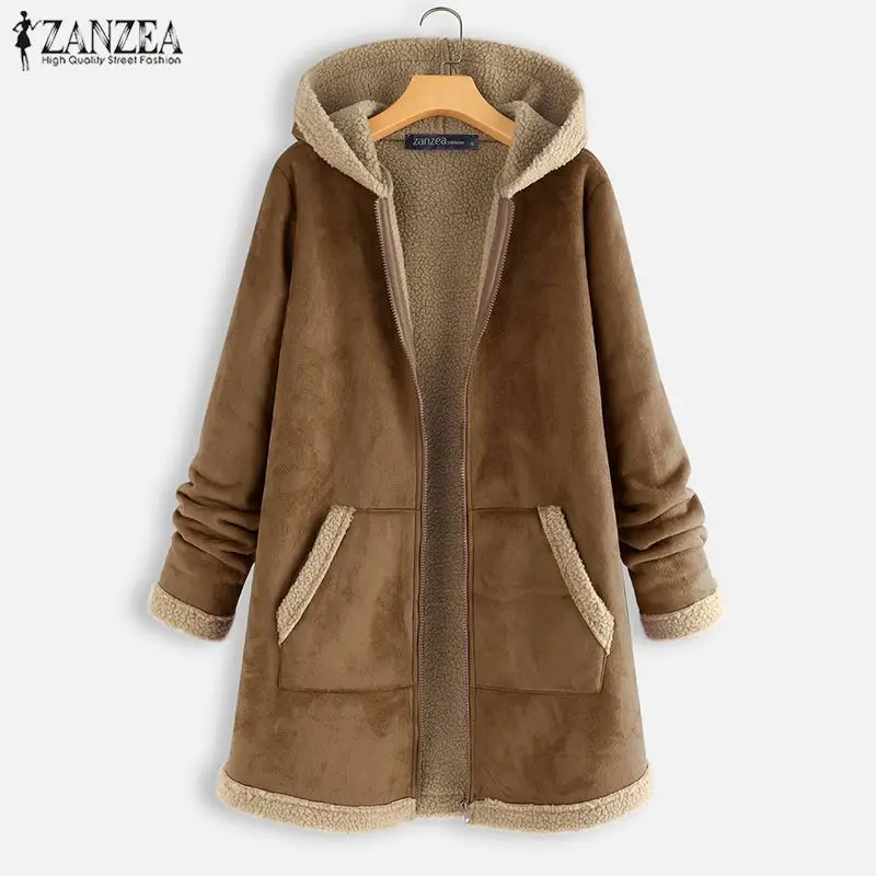 ZANZEA, женские толстовки, пальто, зима, длинный рукав, на молнии, верхняя одежда, Винтаж, с капюшоном, флисовые куртки, одноцветные, свободные, пальто, Femme, теплое пальто