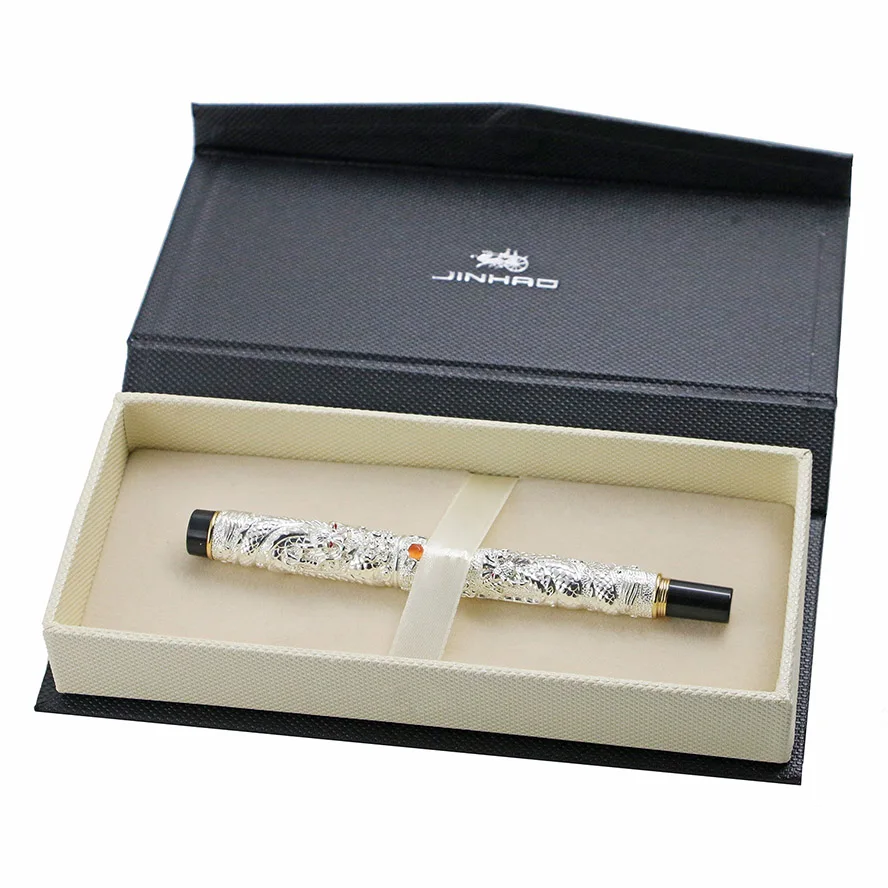 Silver Роскошная металлическая авторучка Jinhao с драконом, винтажная чернильная ручка Iraurita, Офисная Подарочная коробка, набор, caneta tinteiro - Цвет: Silver