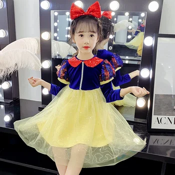 

Autumn New Baby Girls Princess Dresses Puff Sleeve Sequins Doll Collar Kids Cartoon Clothes Fashion Birthday Party Child Clothes