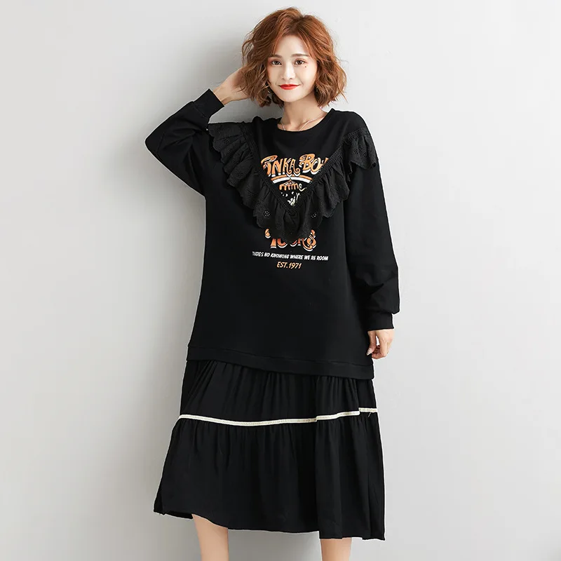 

Johnature Korean Printing Stitching Lace Women Dress Autumn 2019 New Casual Loose O-neck Long Sleeve Ruffles Simple Dresses