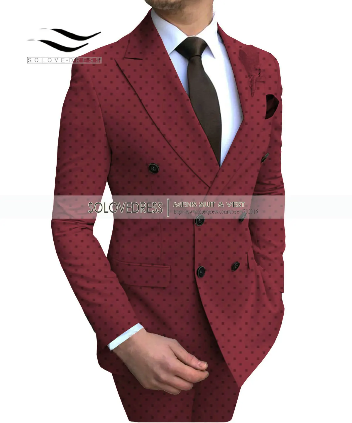 Burgundy Men's 2 Pieces Poika dot Bussiness Suit Double Breasted Regular Fit Notch Lapel Prom Tuxedos For Wedding/Party(Blazer+Pants - Color: Burgundy