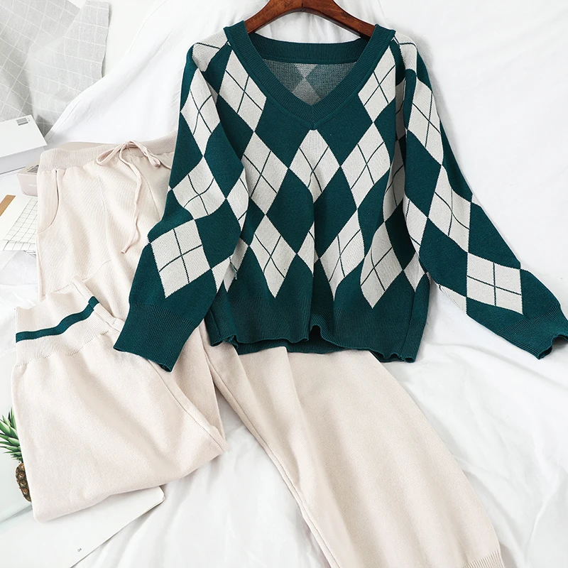 

Mooirue 2019 Winter Women Sweater Sets Vintage Plaid Printed V Neck Pullover +high Waist Casual Pants Streetwear Kintting Sets
