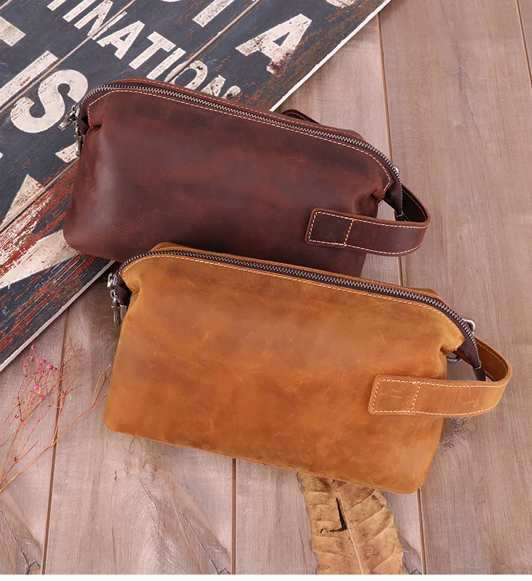 Crazy Horse Leather Retro Leather Wash Bag Multi-Function Storage Bag Top Layer Leather Men's Clutch Bag