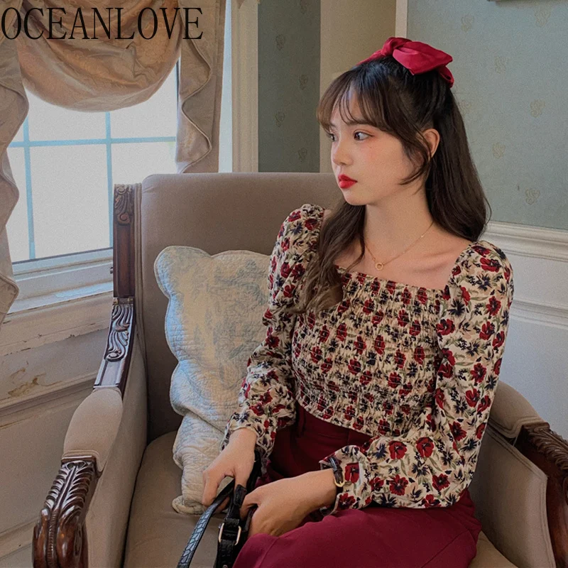 

OCEANLOVE Korean Kawaii Print Women Tops and Blouses Off Shoulder Retro Blusas Sweet Spring 2020 Ladies Shirts Sexy 14150