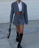 Vintage Sexy One Button krótki kobiety sztruks Blazer wysokiej talii nieregularne krzyż szczelina Mini spódnica kombinezony z długim rękawem 2 sztuk zestaw 3