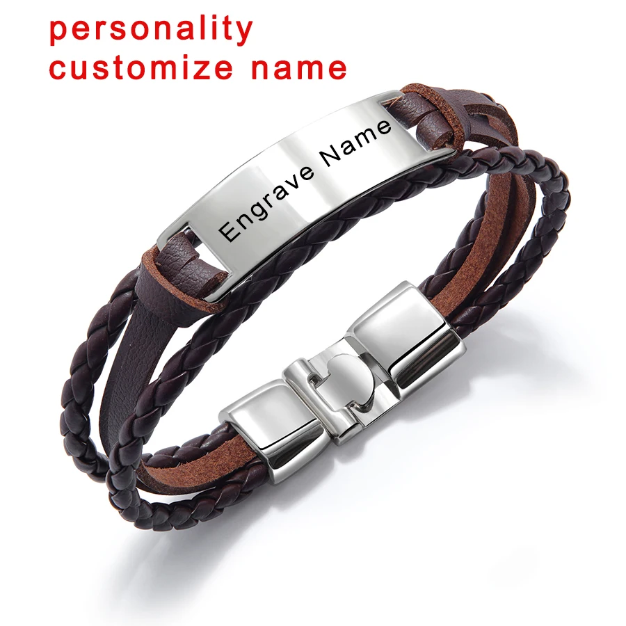 

Luxury Brand Custom Logo Name Engrave Leather Bangle & Bracelet Woven Handmade Bracelet Men Rope Id Bracelets