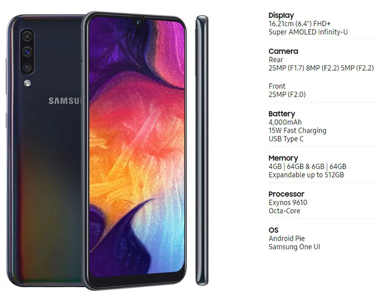 Глобальная версия samsung Galaxy A50 4 Гб 64 Гб 128 мобильный телефон с двумя слотами sim-карты A505F-DS 6," Exynos 9610 Octa Core Android 4G смартфон