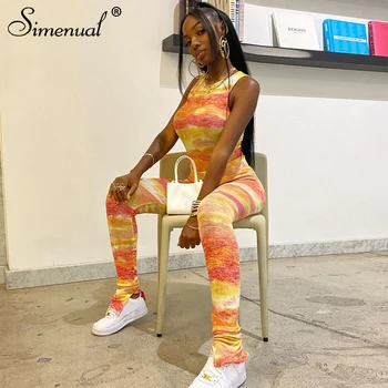 

Simenual Tie Dye Sporty Workout Casual Matching Set Women Sleeveless Bodycon Active Wear Outfits Top And Slit Pants 2 Piece Sets