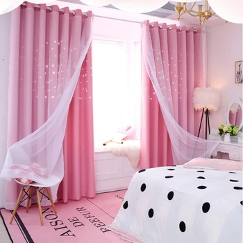 

1/2/4 Panels Blackout Window Curtain Double-Layer Yarn Overlay Hollow-Out Cut Out Star Solid Color Curtain Drapes D20
