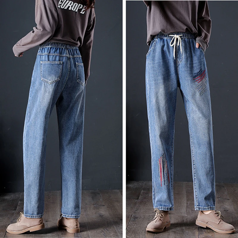 

streetwear 4XL plus size mom jeans woman high waist boyfriend tie dye embroidery harajuku harem long denim pants women 2019 fall