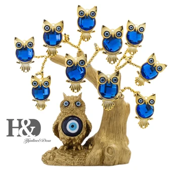 

H&D Blue Evil Eye Tree for Protection Gold Owl Shape Tree Fengshui Ornament Home Decor Good Luck Gift Showpiece Xmas Gift Resin