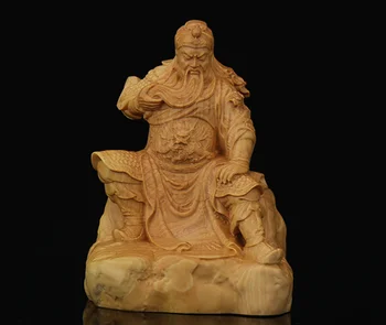 

3.9" Chinese Box-wood Hand-Carved Guan Yu Dragon Warrior Wealth God Small Statue