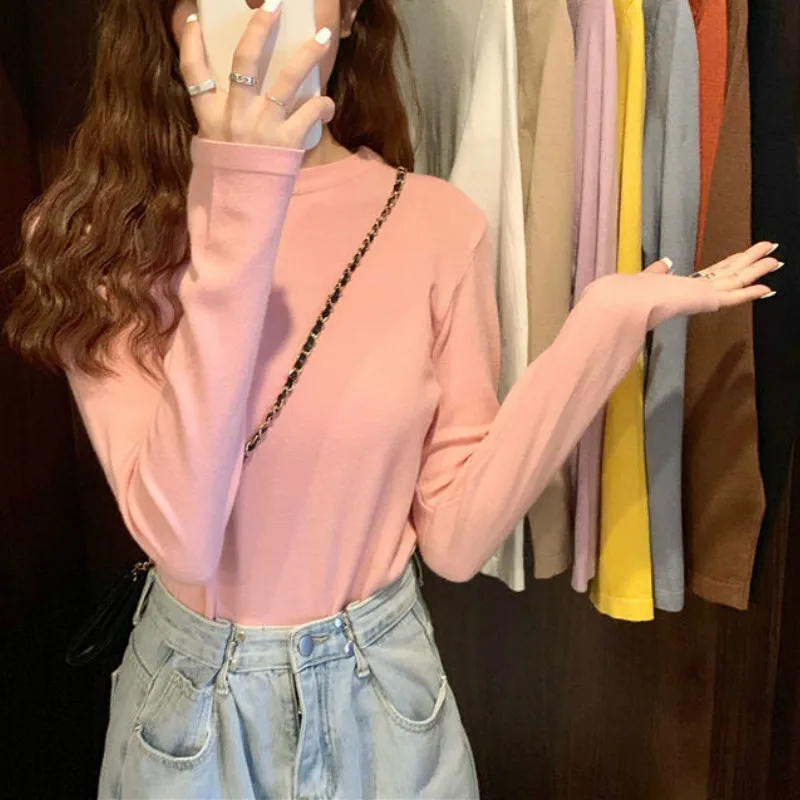 

7 Color Chic Women Blouse Casual O-Neck Long Sleeve Fashion Thin Tops Knitted Korean Base Shirt 2020 Autumn Women's Clothing