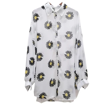 

Korean style summer mid-length small fresh loose fashion casual shirt daisy flower thin sun protection jacket female