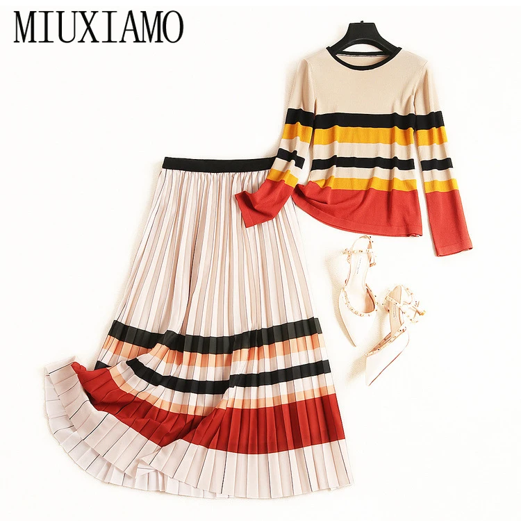 

MIUXIMAO 2019 Autumn Office Lady Striped Twinset Elegant Contrast Color Top + Elastic Waist Luxury Pleated Mid-Calf Skirt Suits