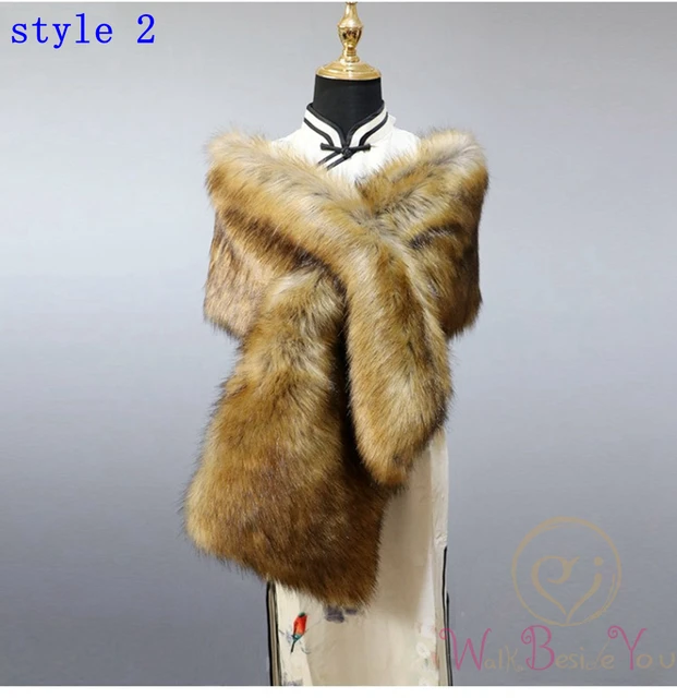 Women Fur Capes Champagne Wedding Bolero Faux Fur Stole Bridal Jacket Formal Party Shrug Walk Beside You Cape De Mariage style 2
