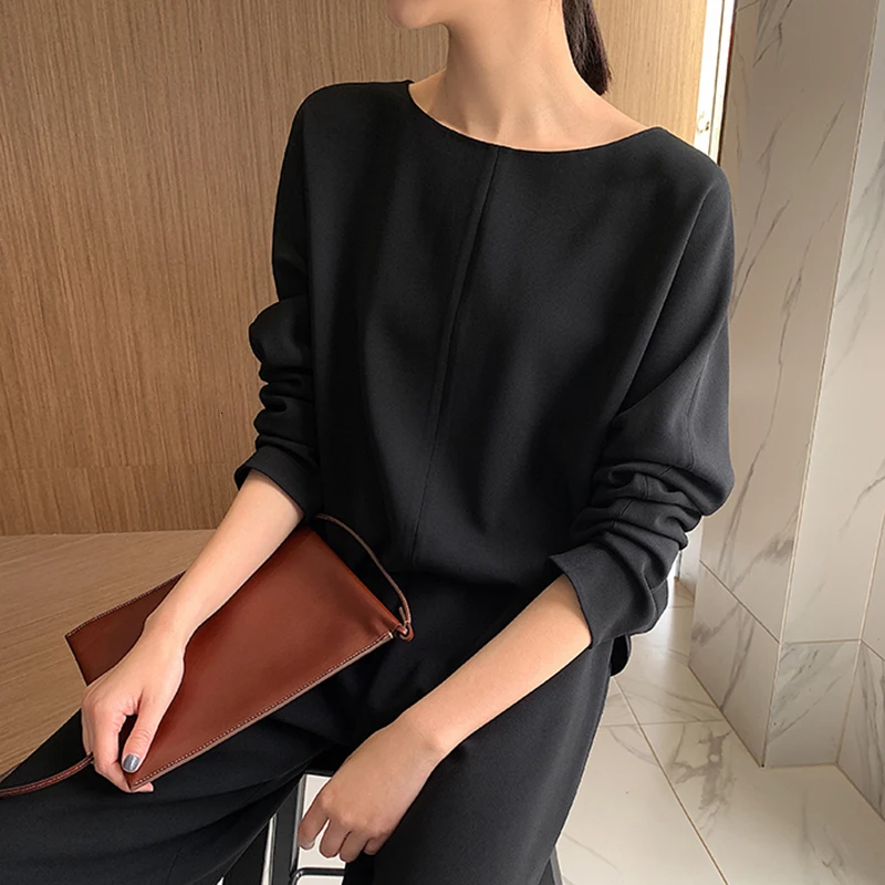 TWOTWINSTYLE Solid Casual Women Two Piece Set O Neck Long Sleeve High Waist Wide Leg Pants Female Suits 2019 Fashion Autumn New