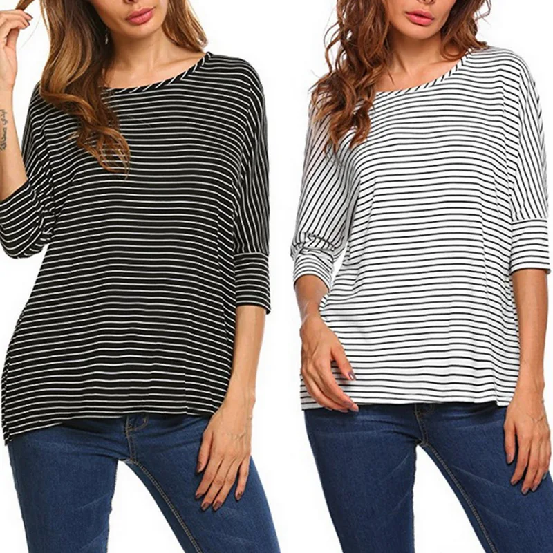 

Loose Striped Shirts Casual Women Long Sleeve Black And White Striped Pollover Tops Autumn O Neck Basic Fashion Female T-shirts