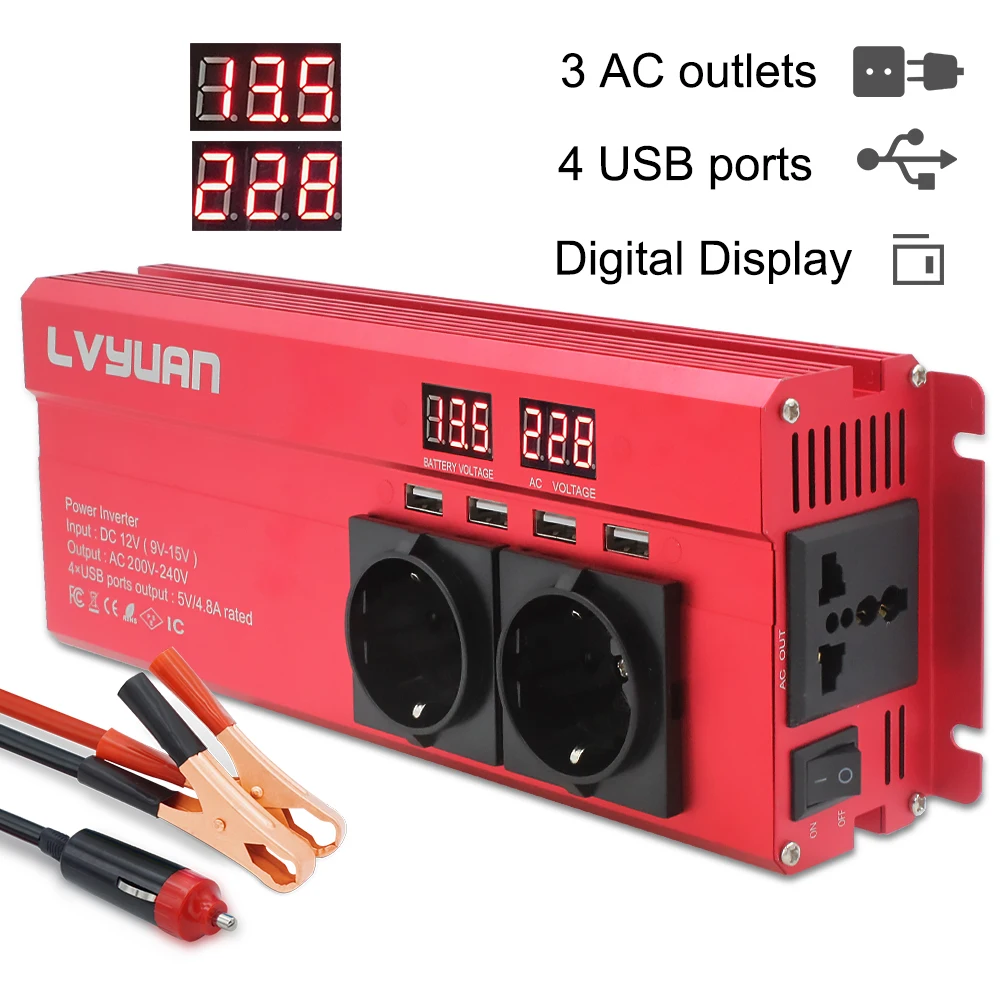 Vehicle Inverter Car Converter Inverter Car Inverter Car Power Converter Power Inverter LVYUAN Car Inverter 2600W Power DC 12V/24V To AC 220V LED Display & 4USB Converter Charger Transformer EU/Universal Plug