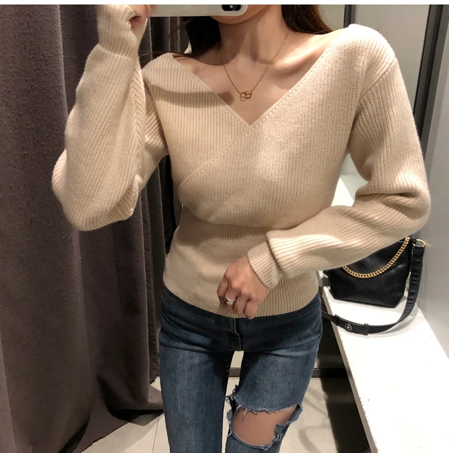 

Autumn Winter Knitting Sweater Pullover Women Jumper Solid Color Pullover Long sleeve Sexy V-neck Female Casual tops Dx057
