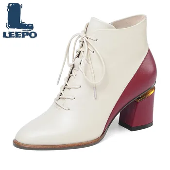 

Ankle Boots for Women Cow Leather Spring Autumn Beige Zippers High Heels Female Luxury High Quality Party Shoes Woman Boots 2020