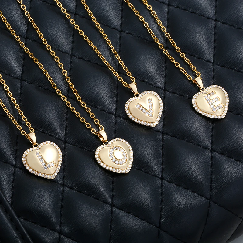Trendy Romantic Initial Love Heart Letter Pendant Necklace for Girls Women Alphabet Gold Crystal Jewelry Gift | Украшения и