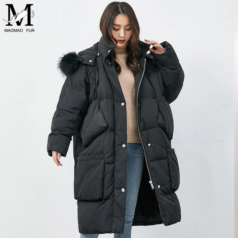 Beste Winter Jas Vrouwen Witte Eend Donsjack Grote Wasbeer Bontkraag Uitloper Winddicht Losse Jas Dikke Warme Down Lange Parka