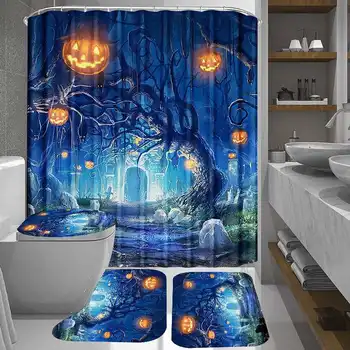 

New 3D Halloween Decor Pumpkin Waterproof Shower Curtain Bath Mat Set Non-Slip Toilet Lid Cover Bathroom Mat Partition Curtain