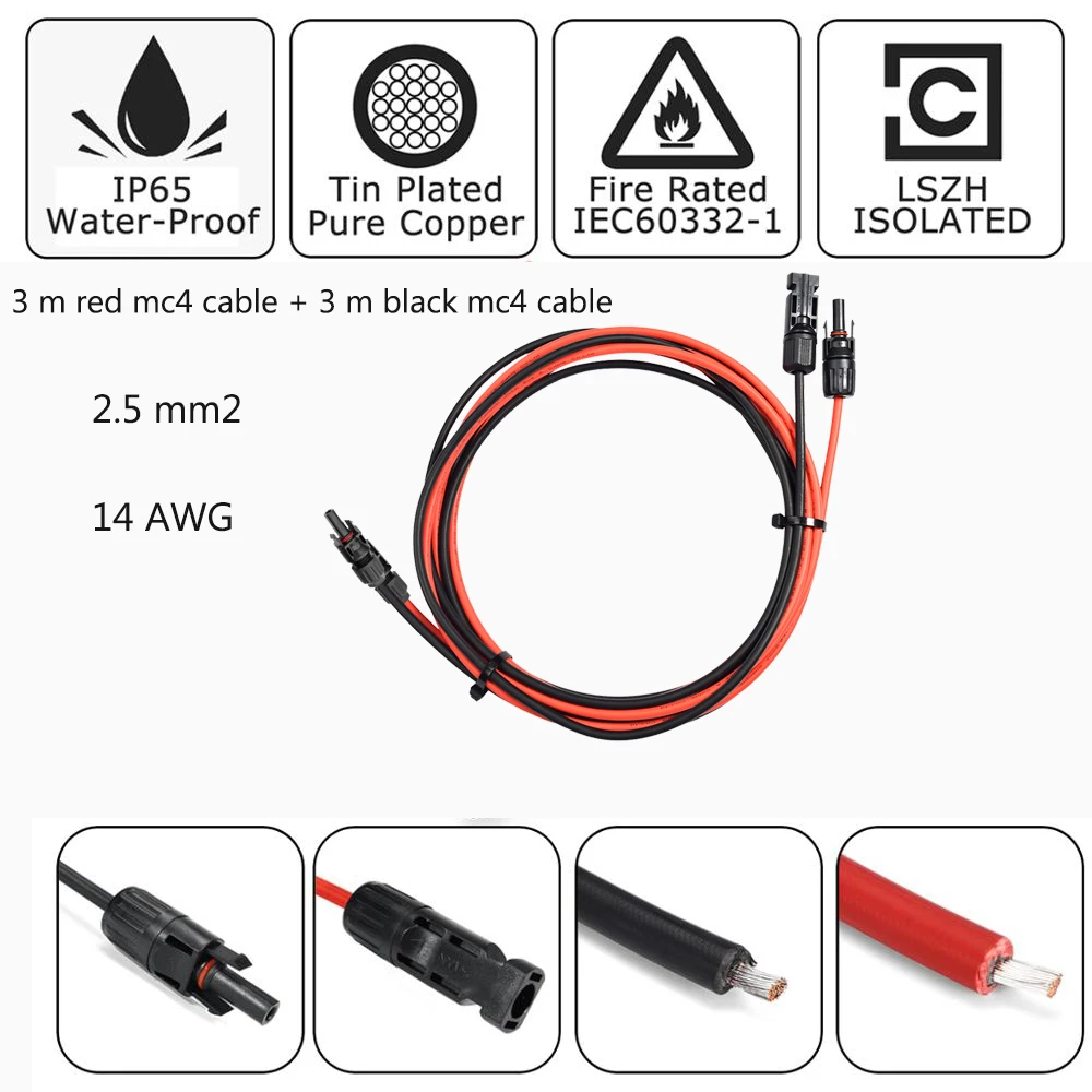 3m red 2m black XINPUGUANG 1 комплект панели солнечных батарей удлинитель кабеля PV 2,5 мм2 14 AWG медный провод черный и красный с MC4 разъем Солнечный PV кабель - Цвет: 3m red 2m black