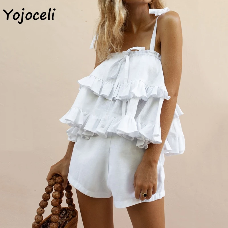 Yojoceli cute bow ruffle jumpsuit romper women two pieces set boho beach playsuit