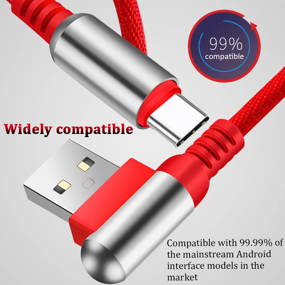 USB Type C Cable 90 Degree elbow Nylon Braided 1M Fast Charging Data Cable for Samsung s8 s9 For Oneplus For Huawei Type-C Cable