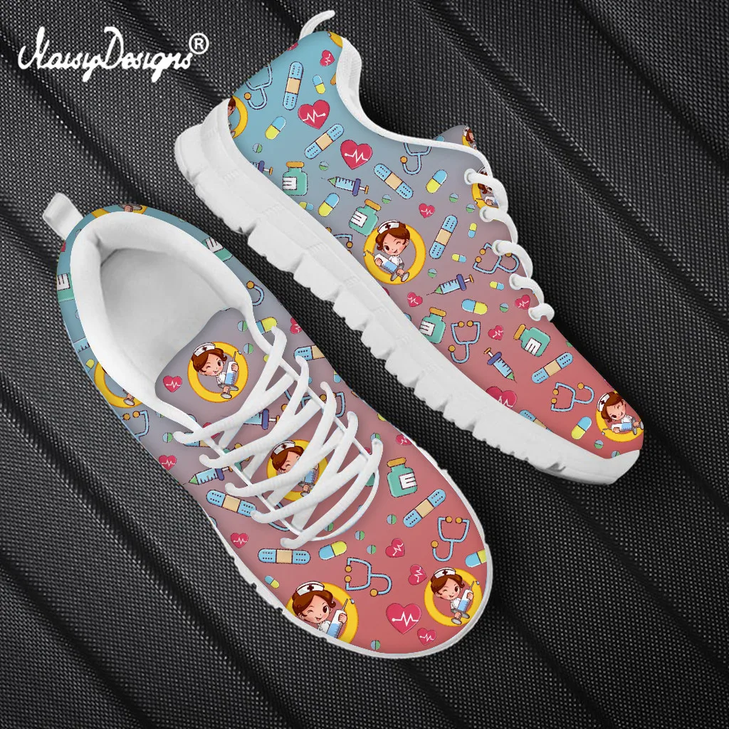 

Noisydesigns Cartoon Medical Nurse Printed Lace Up Flat Shoes Women's Summer Spring Mesh Sneaker Shoes Lightweight Walking Shoes